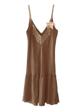 Spool Brown/olive rayon embroidered slip dress with Rosette Accent